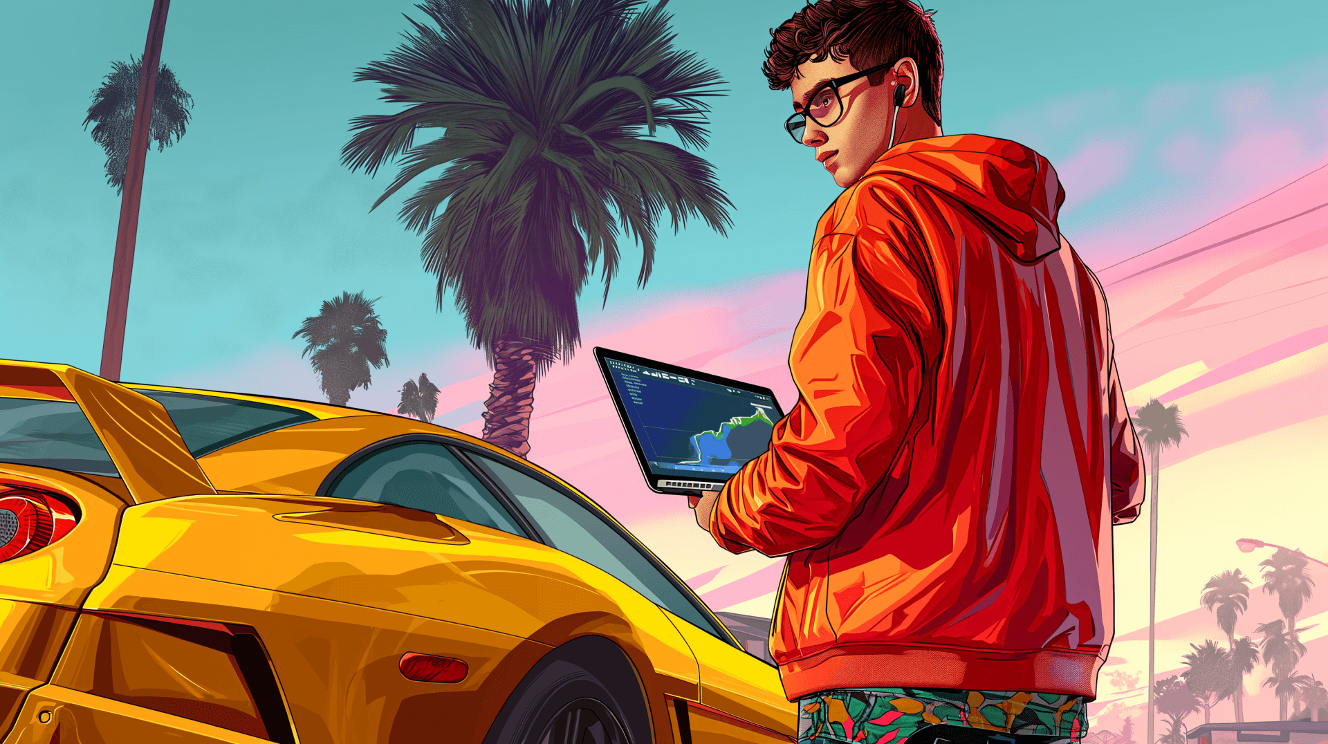 Rapaz de moletom laranja, ao lado de um carro esportivo amarelo